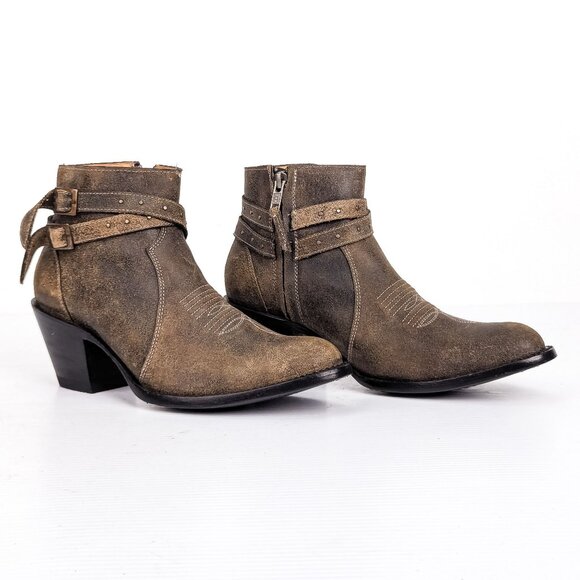 Shyanne Women Country Western Cowgirl Distress Taupe Leather Ankle Boots sz 6.5 - Picture 1 of 7